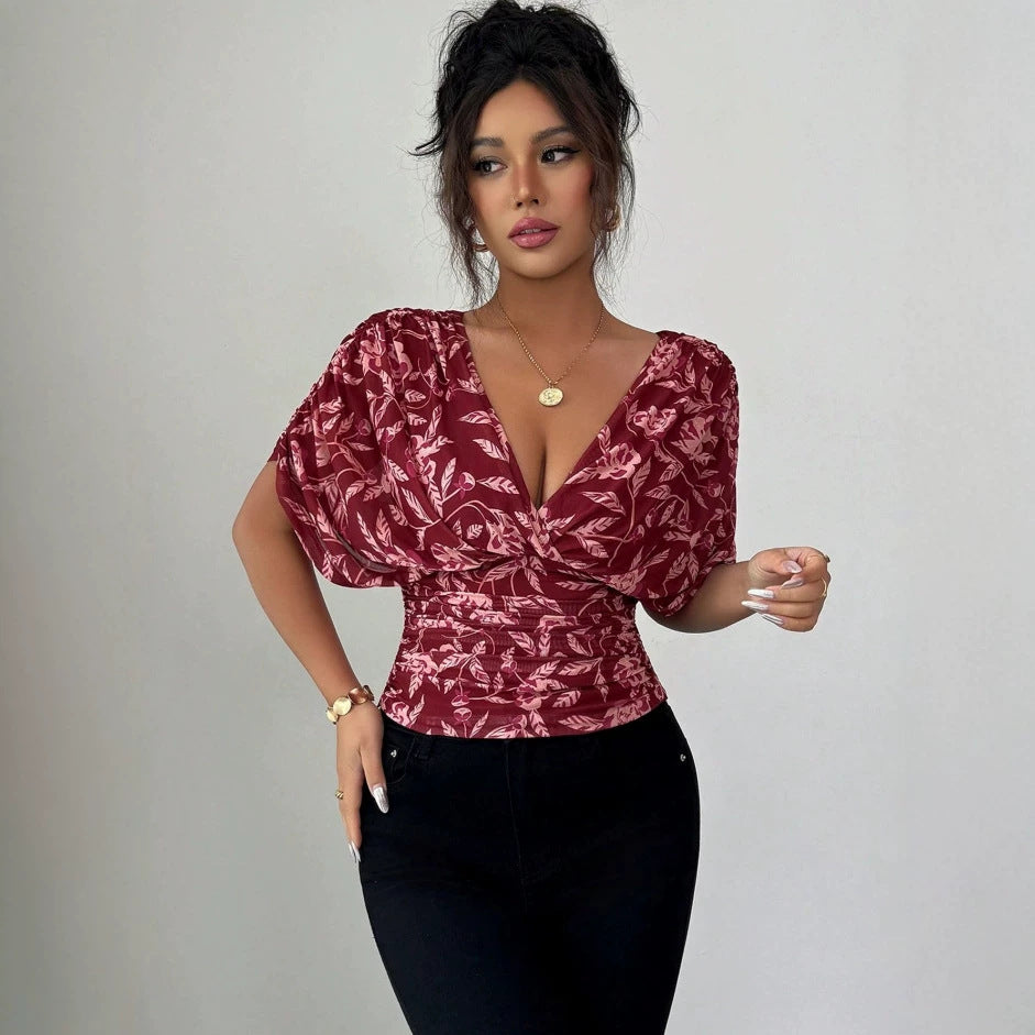 Damen Figurbetonte Wickelbluse mit tiefem V-Ausschnitt, geraffter Taille und Kimonoärmeln Echo Archiv