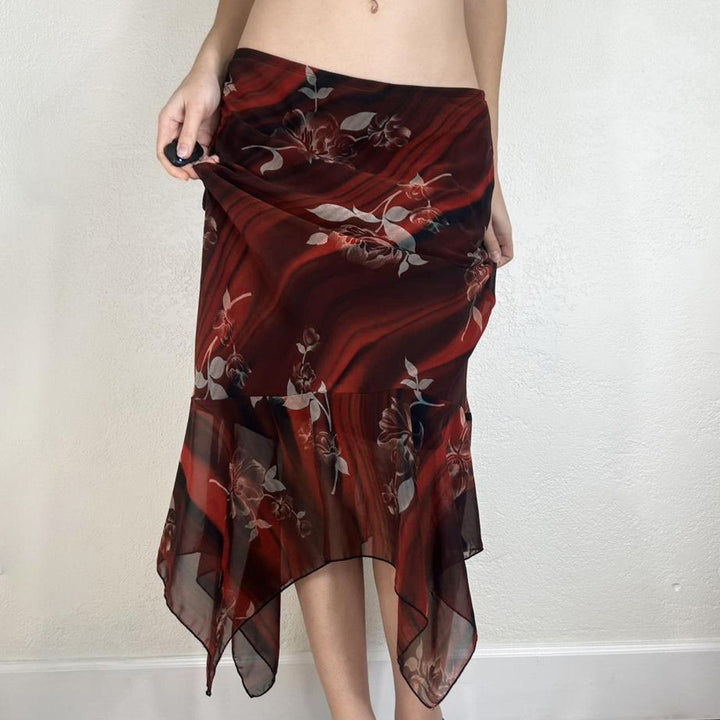 Damen Asymmetrischer Mesh-Midirock mit Volantstufen und floralem Muster Echo Archiv