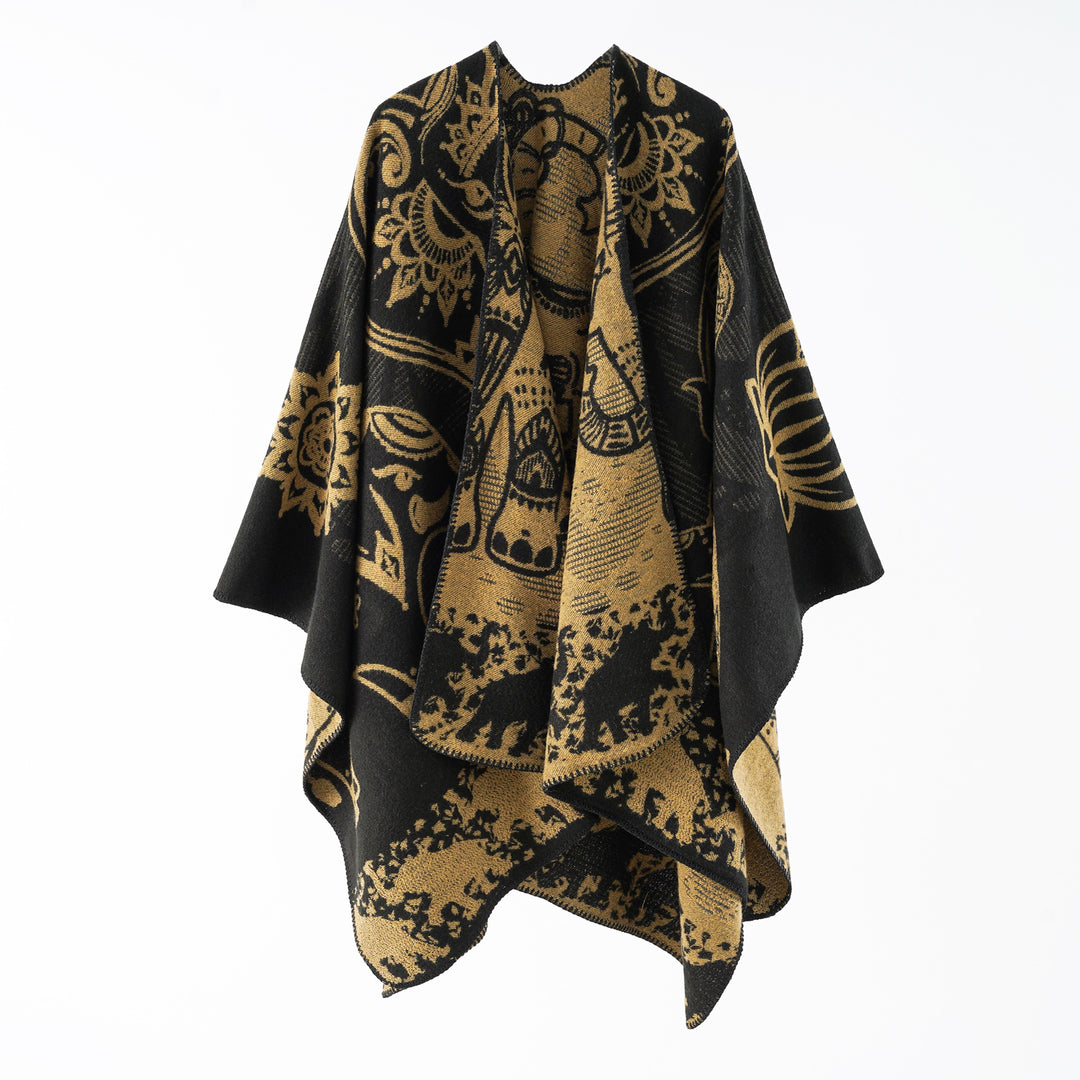 Damen Jacquard-Überwurfponcho mit doppelseitiger Webstruktur und Zierstichkante Echo Archiv