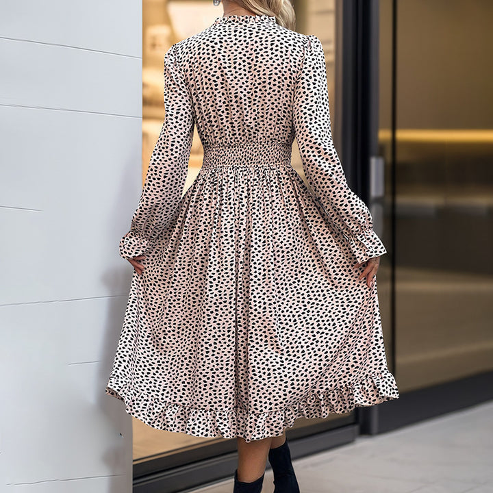 Damen Midikleid mit Smock-Taillenbund, Knopfleiste, Stehkragen und Volantrock Echoarchiv