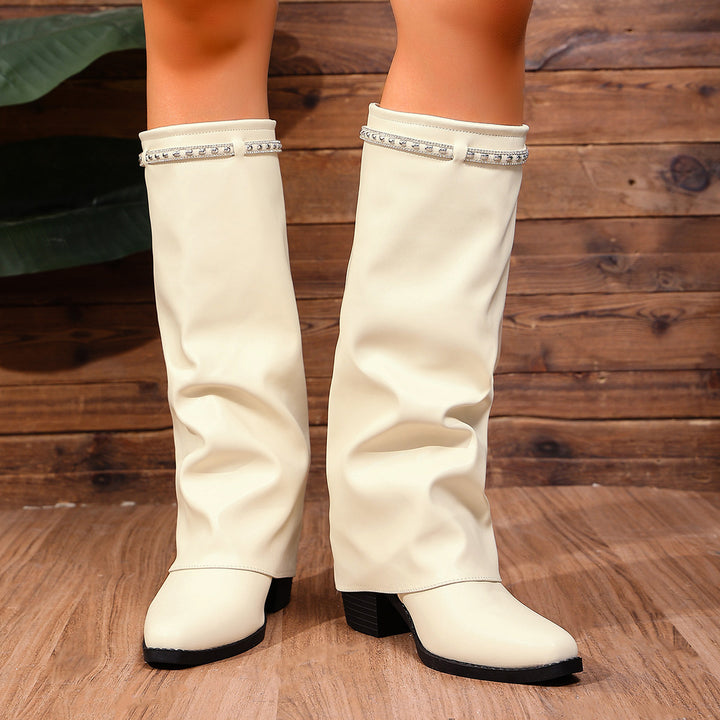 Damen Kniehohe Slouch‑Stiefel mit Strassbesatz und mittlerem Blockabsatz – Lioré