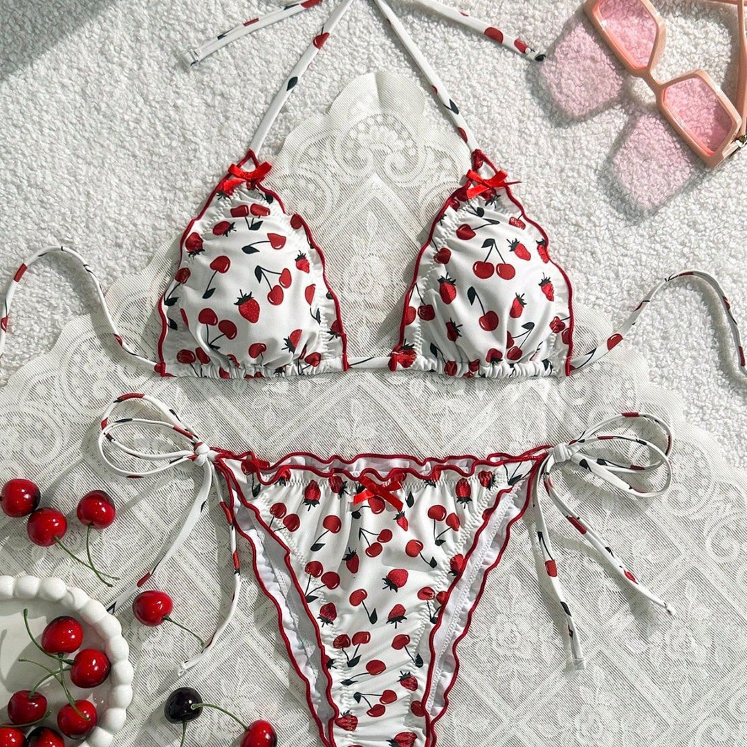 Damen Bikini-Set mit verspieltem Kirschmotiv und verstellbaren Trägern Echo Archiv