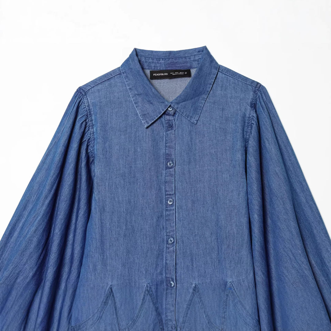 Damen Knielanges Hemdblusenkleid aus Denim mit Ballonärmeln und Faltenrock Echo Archiv
