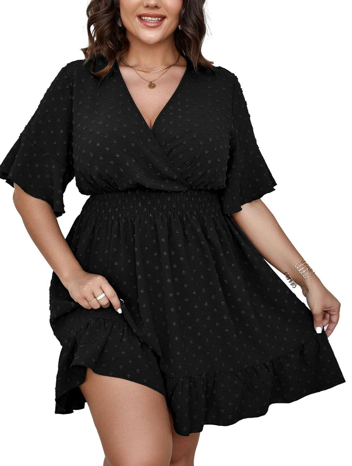 Damen Midikleid mit drapiertem V‑Ausschnitt, Smok-Taillenband und Volantstufen – Élara