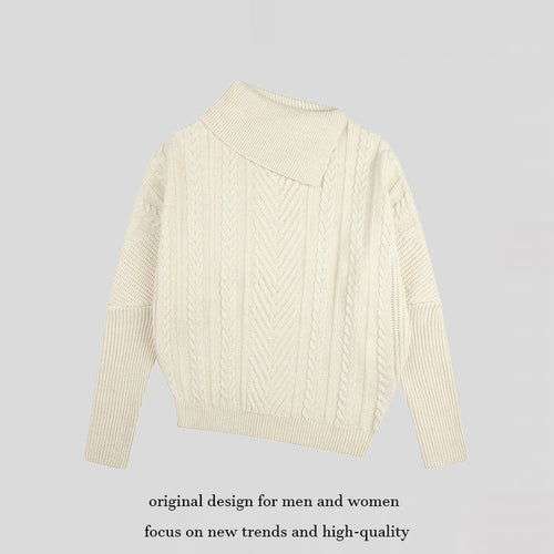 Damen asymmetrischer Zopfmuster-Pullover mit schrägem Rollkragen und Oversize-Schnitt Echoarchiv