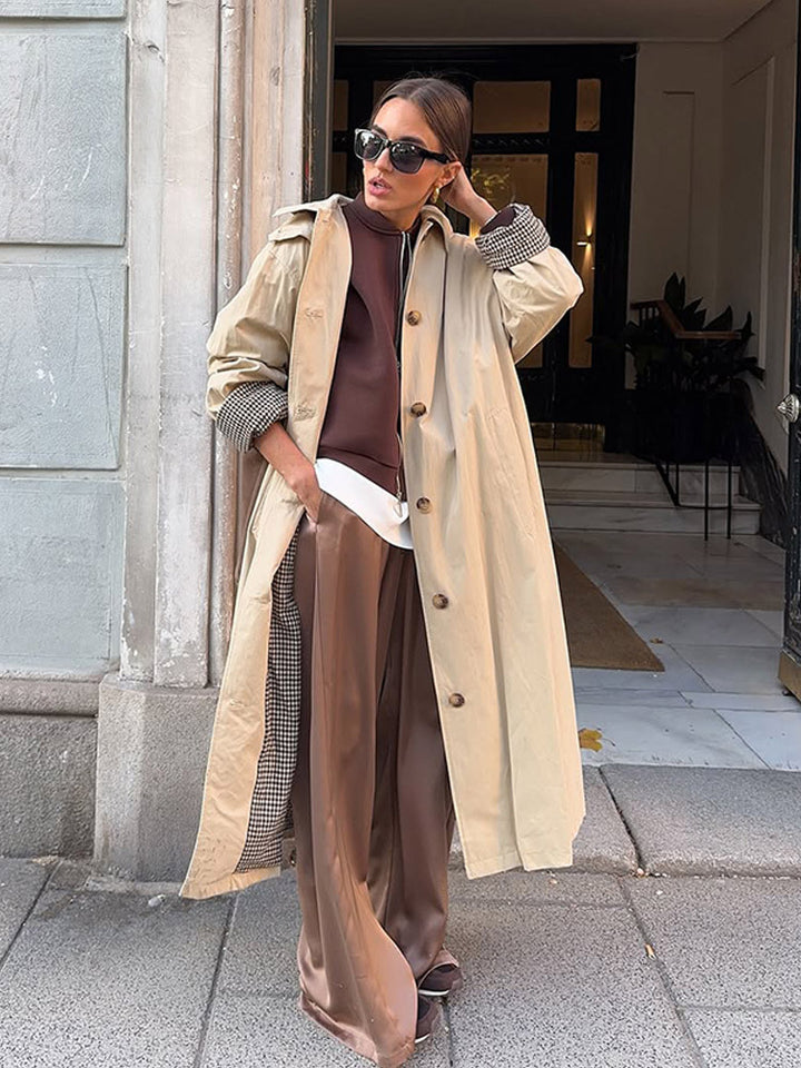 Damen Maxilanger Trenchcoat mit Karofutter, weitem Fall & klassischer Knopfleiste Echoarchiv