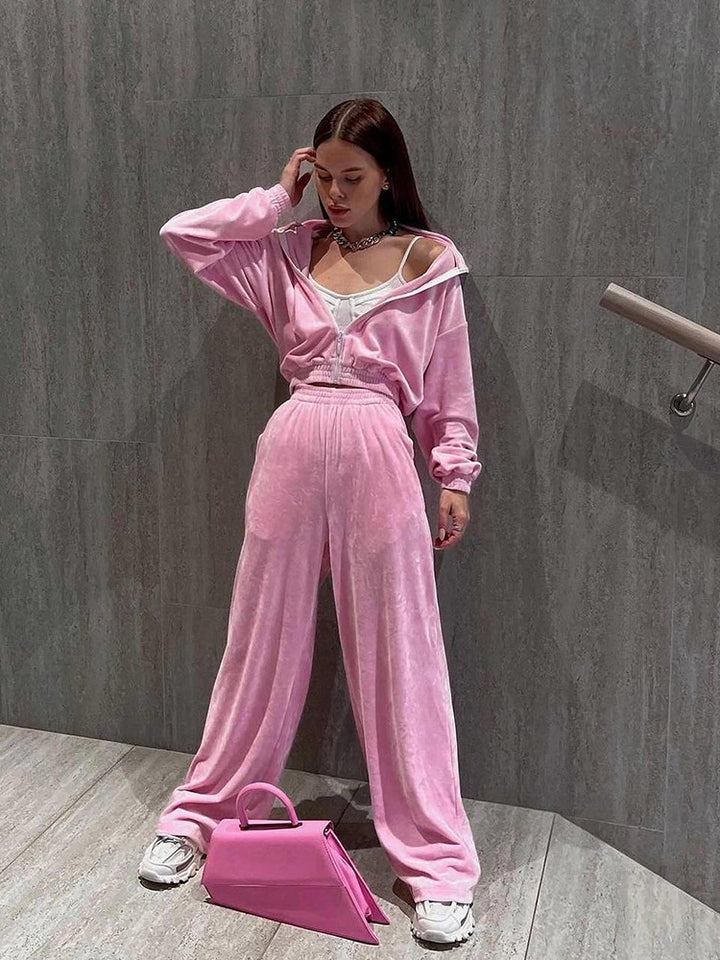 Damen Samt-Loungewear-Set mit kurzem Reißverschluss und geraffter Taillenpartie – Élanora
