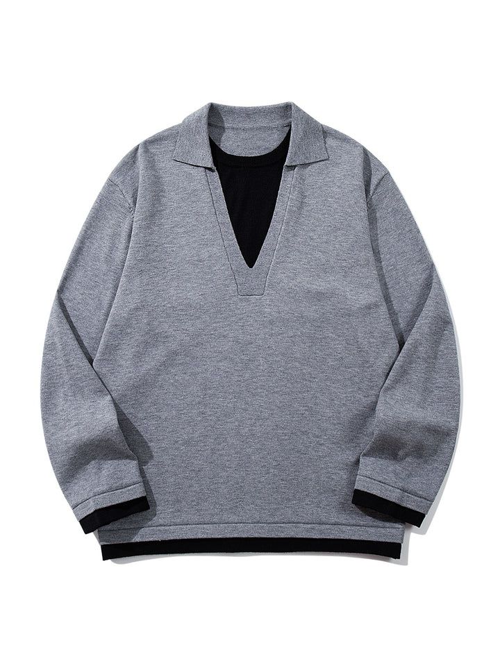 Unisex Lässiger Oversize Strickpullover mit tiefem V Einsatz und Hemd‑Layer Optik Echoarchiv