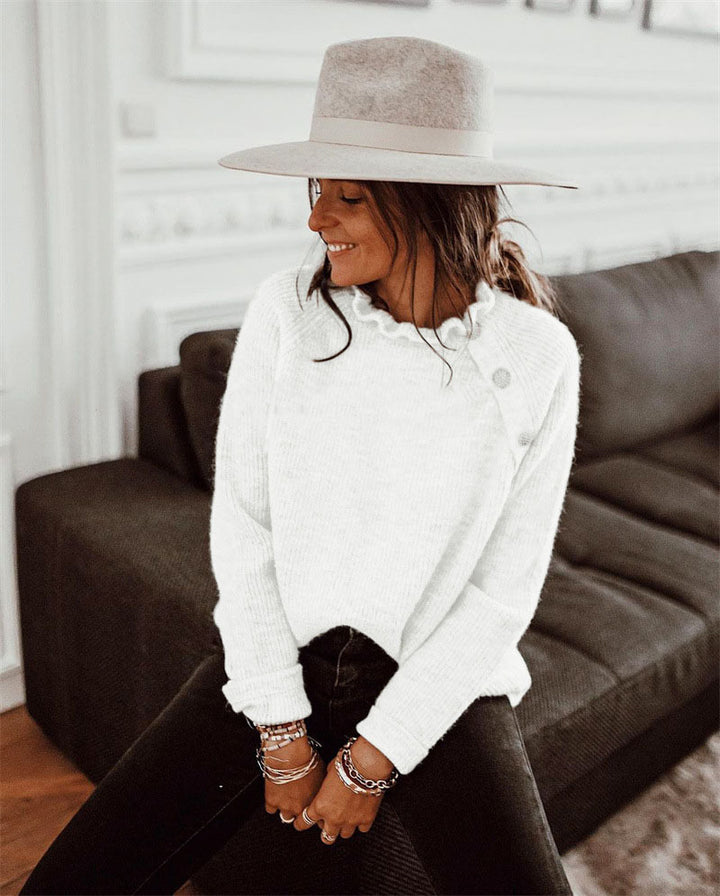 Damen Rippstrickpullover mit Rüschenkragen und seitlicher Knopfleiste – Mavelle