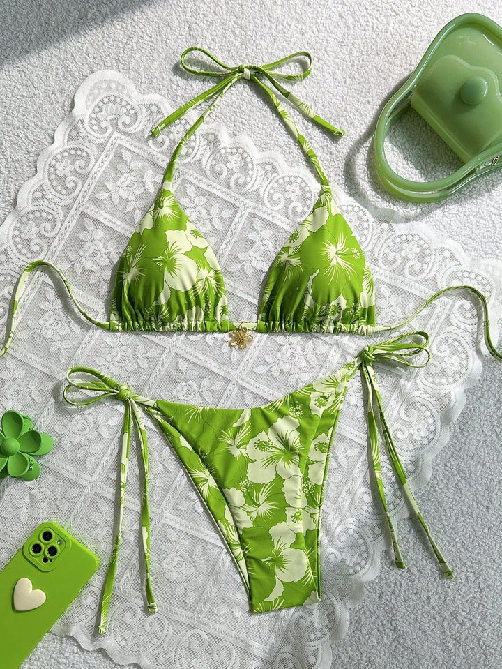 Damen Triangel-Bikini mit floralen Akzenten und raffinierten Bindebändern Echo Archiv