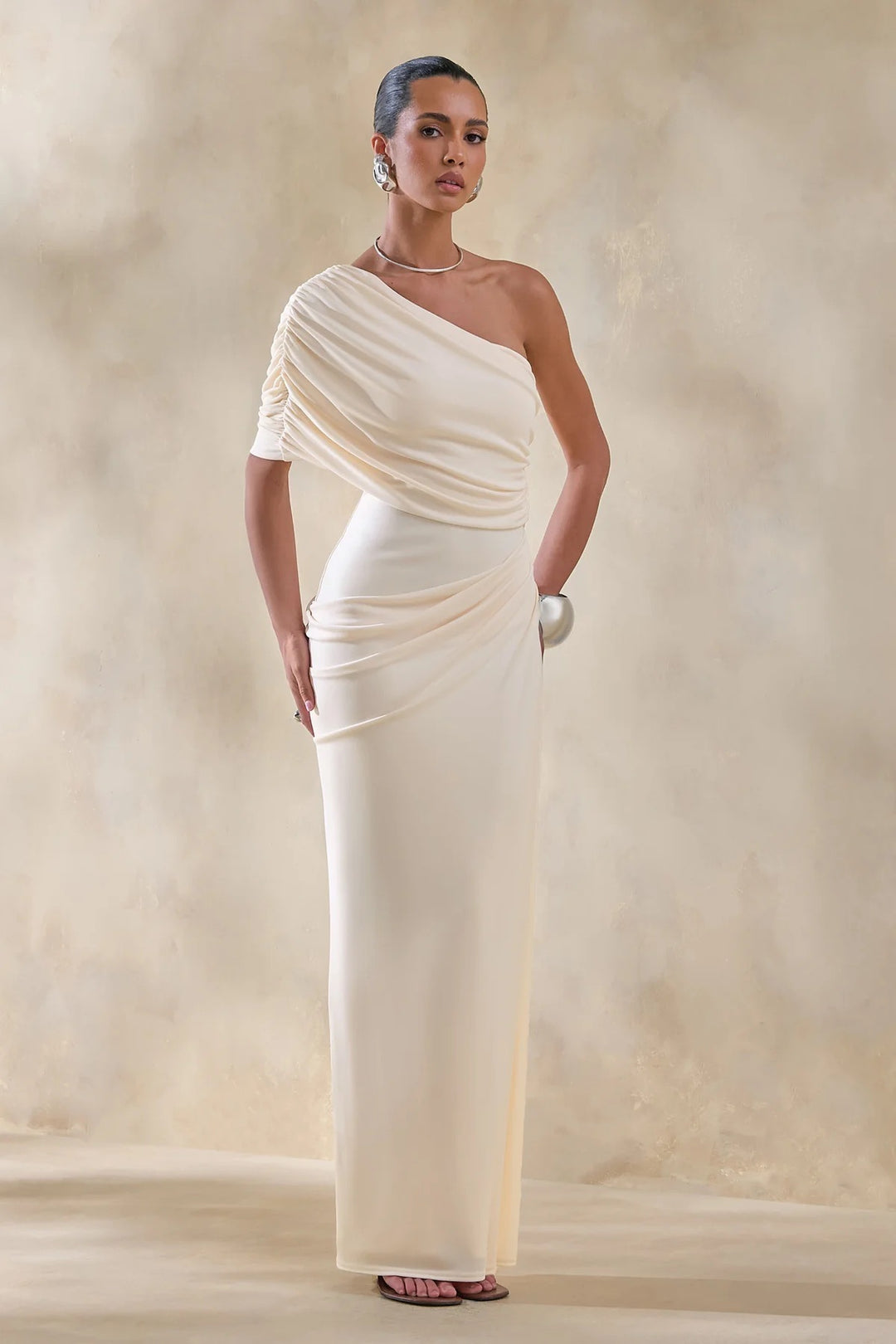 Damen Elegantes Langarm-Minikleid mit fließendem Drapée und asymmetrischem Design Echo Archiv