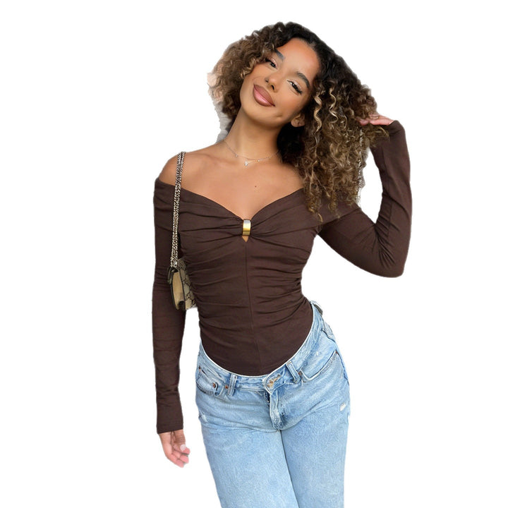 Damen Schulterfreies gerafftes Langarm-Cami mit Zierclip Echo Archiv