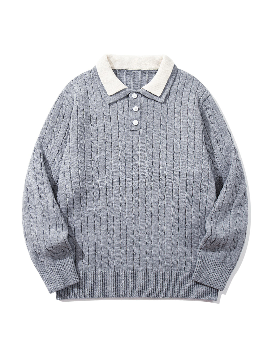 Unisex Polo-Strickpullover mit Zopfstrick und Kontrastkragen Echoarchiv