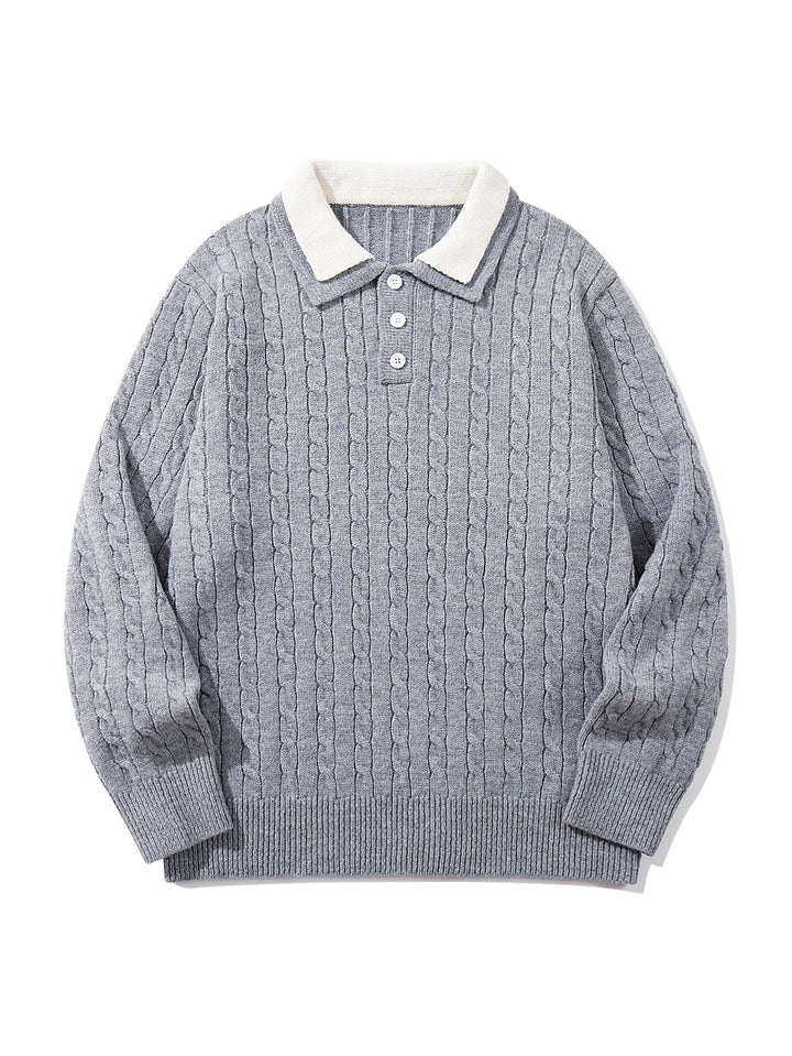 Unisex Polo-Strickpullover mit Zopfstrick und Kontrastkragen Echoarchiv
