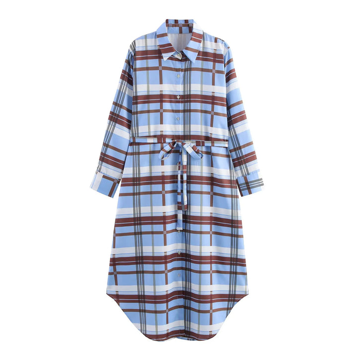 Damen kariertes Hemdblusenkleid mit Taillengürtel, durchgehender Knopfleiste und abgerundetem Hoch-Tief-Saum – Élara