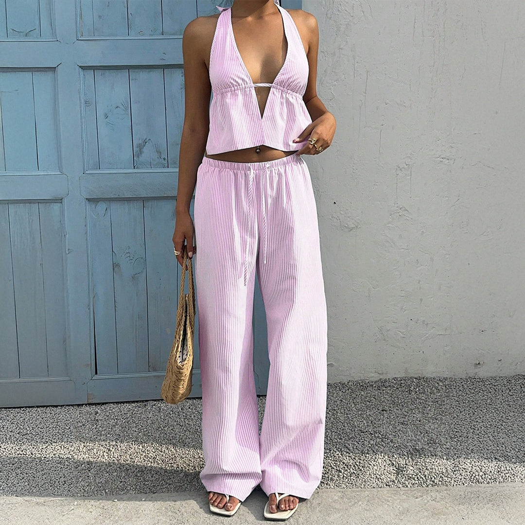 Damen Lässiges Strandoutfit mit Crop-Top und weitem Hose Echo Archiv
