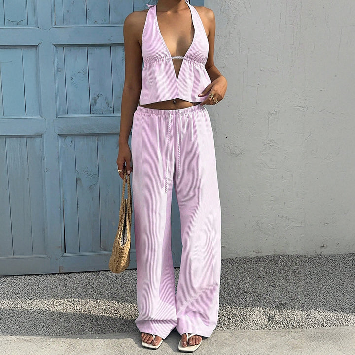 Damen Lässiges Strandoutfit mit Crop-Top und weitem Hose Echo Archiv