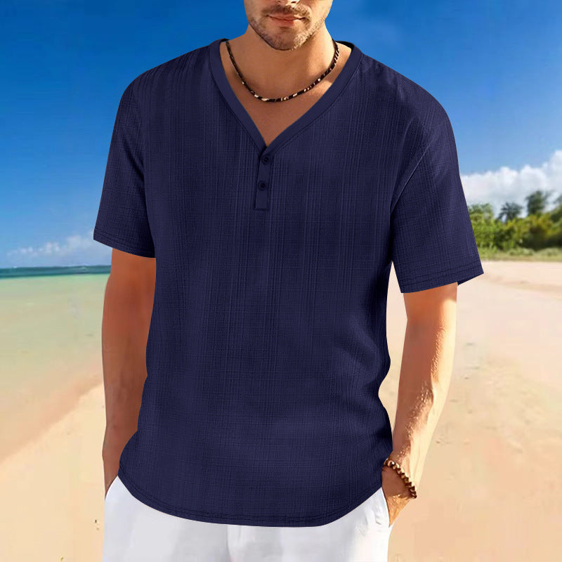 Herren lässiges Kurzarm-Henley-Shirt mit strukturierter Oberfläche Echoarchiv