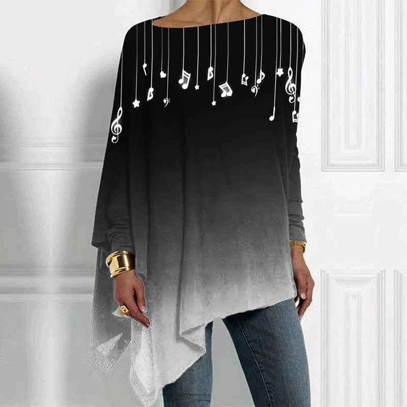 Damen Asymmetrisches Musikprint-Longsleeve mit Klavier- und Notenmotiv – Avérine