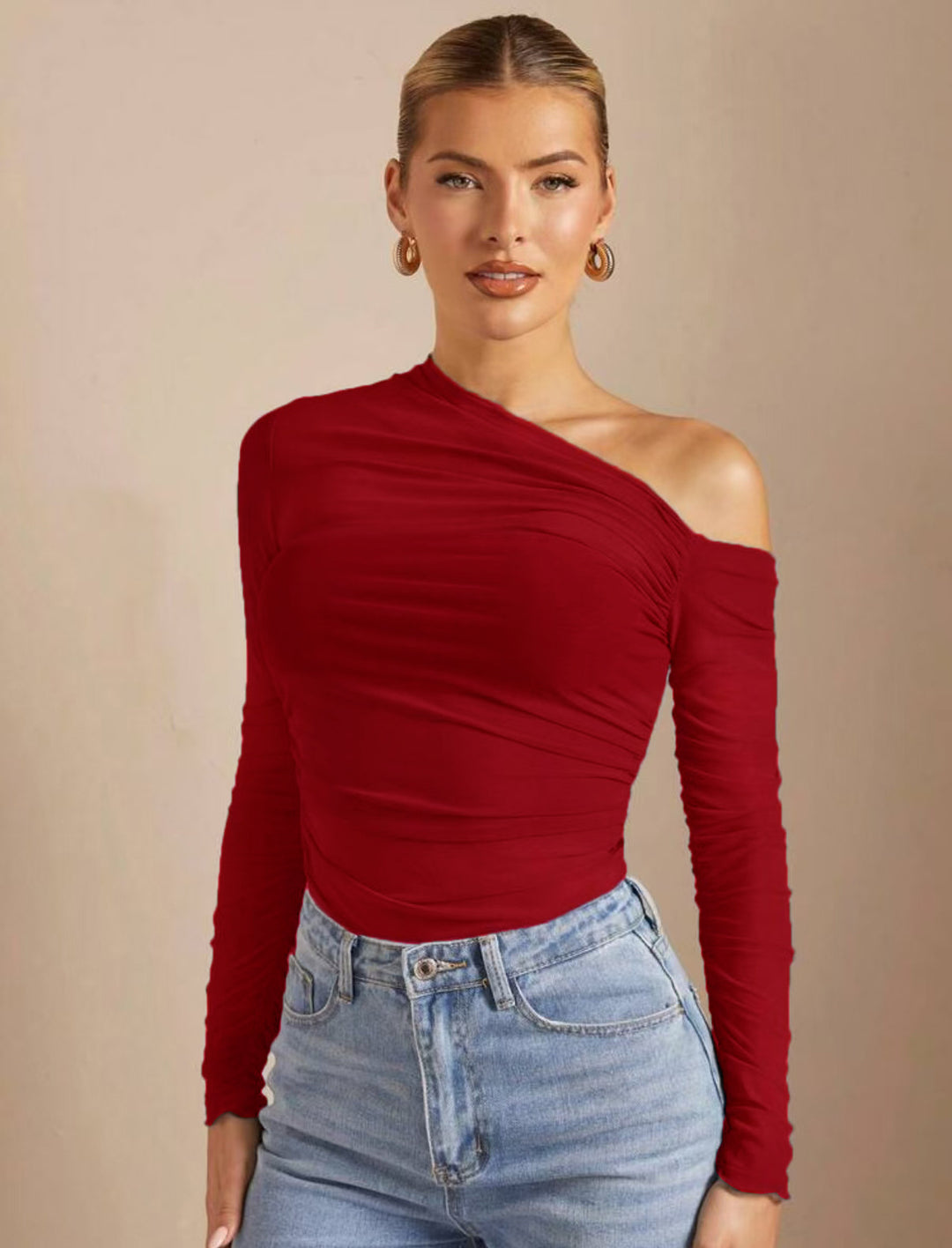 Damen Asymmetrischer Body mit Raffungen und langen Ärmeln Echo Archiv