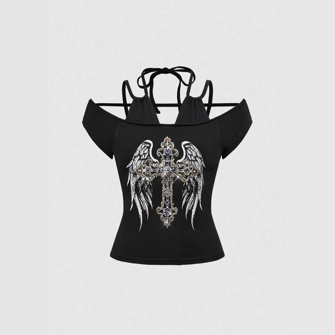 Damen Off-Shoulder Top mit funkelndem Kreuz-Design Echo Archiv