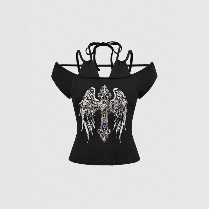 Damen Off-Shoulder Top mit funkelndem Kreuz-Design Echo Archiv