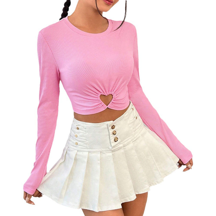 Damen gerafftes Crop-Top mit Herz-Cutout, langärmlig und feiner Rippstruktur – Avérine