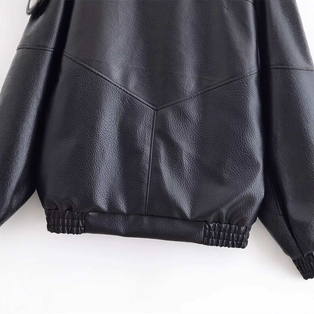 Damen Lederjacke mit hohem Stehkragen und asymmetrischer Druckknopfleiste Echo Archiv