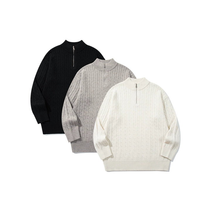 Unisex Zopfmuster-Halbzip-Strickpullover mit hohem Rippkragen und längerem Saum Echoarchiv