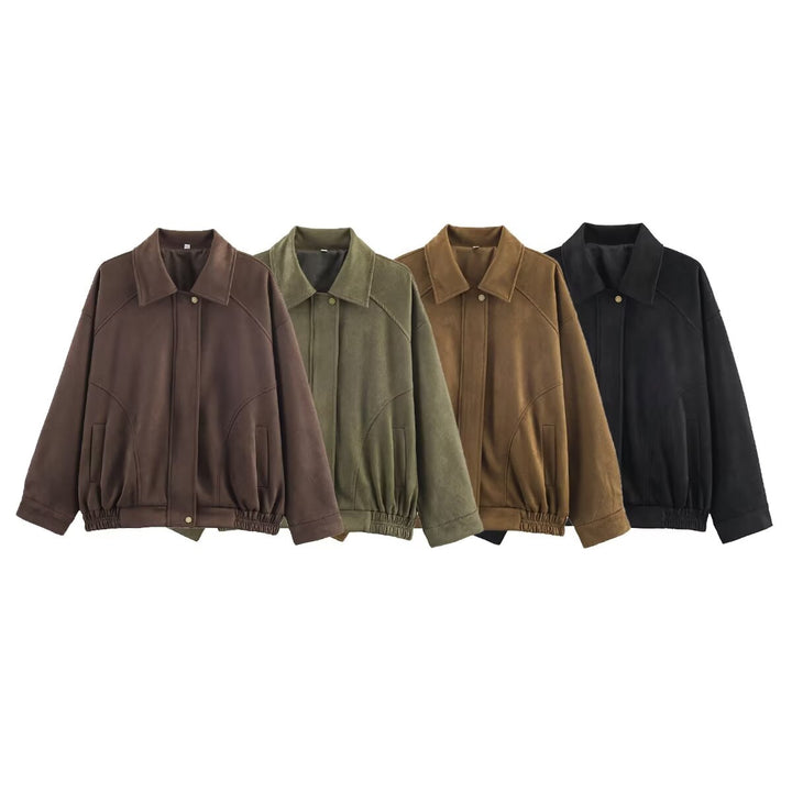 Damen nan oversized Velours-Bomberjacke mit Hemdkragen, verdeckter Druckknopfleiste und elastischem Saum Echo Archiv