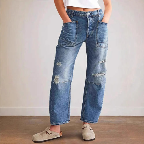 Damen nan oversized Straight-Leg-Jeans mit aufgesetzten Cargo-Taschen und Used-Effekten Echo Archiv