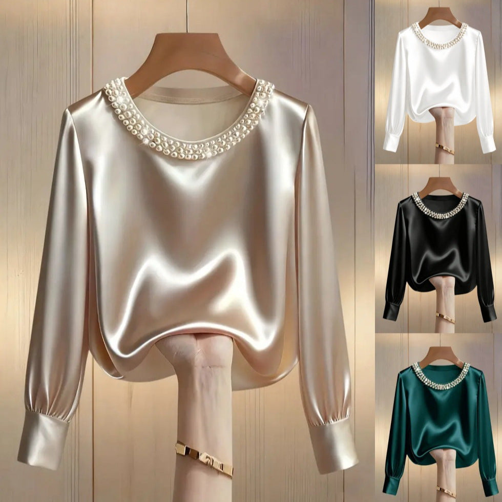 Damen elegante satinierte Bluse mit Perlenkragen Echo Archiv