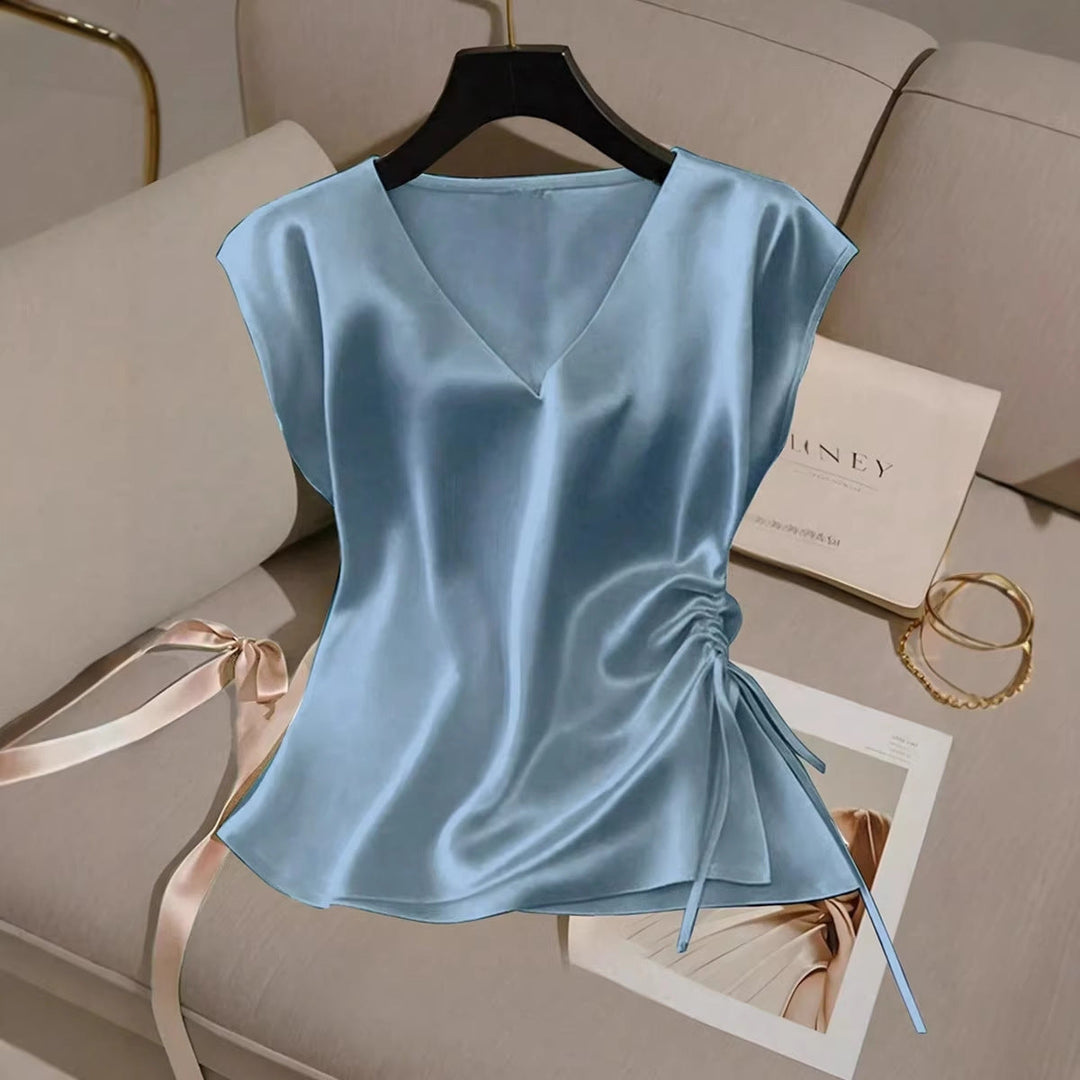 Damen Satinbluse mit seitlichem Kordelzug und V-Ausschnitt Echoarchiv