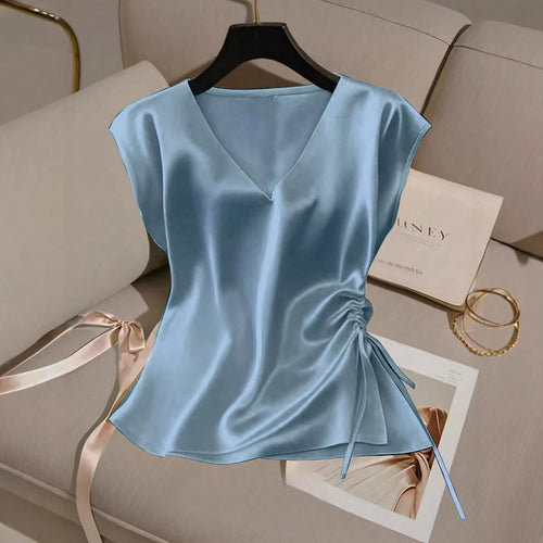 Damen Satinbluse mit seitlichem Kordelzug und V-Ausschnitt Echoarchiv