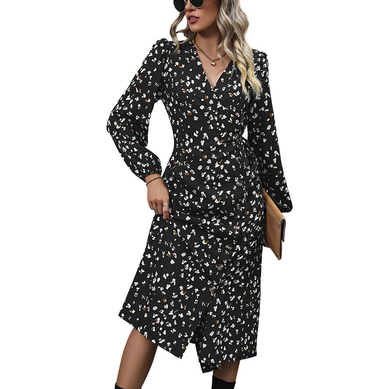 Damen Tailliertes Wickel-Midikleid mit V-Ausschnitt, Beinschlitz und Volumenärmeln Echoarchiv