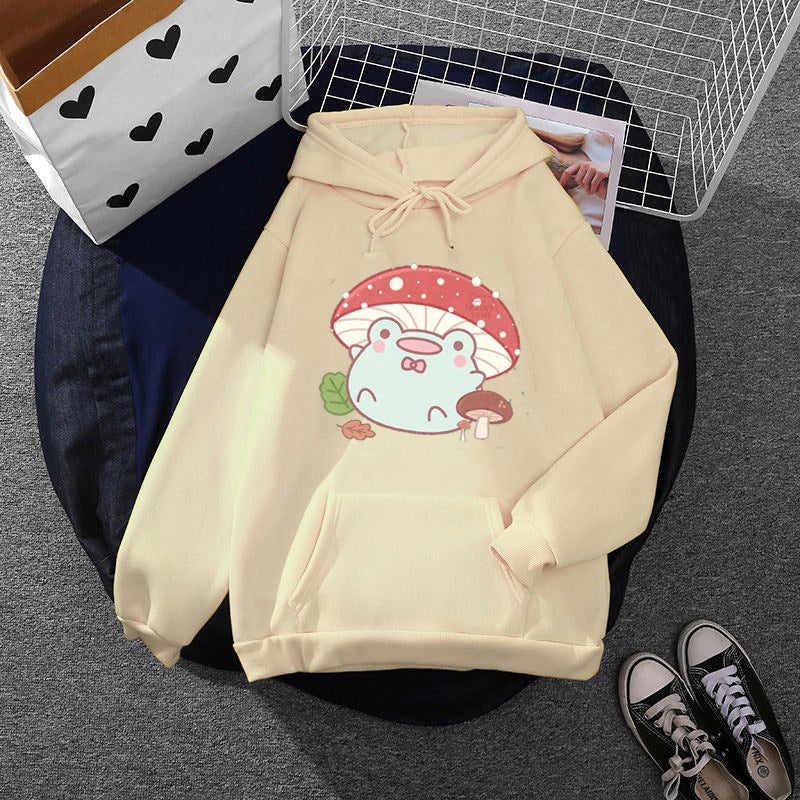 Damen weicher Oversize-Kapuzenpullover mit kawaii Pilzfrosch-Print, Kängurutasche und gerippten Bündchen – Auréline