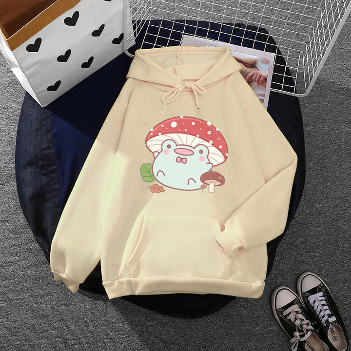 Damen weicher Oversize-Kapuzenpullover mit kawaii Pilzfrosch-Print, Kängurutasche und gerippten Bündchen – Auréline