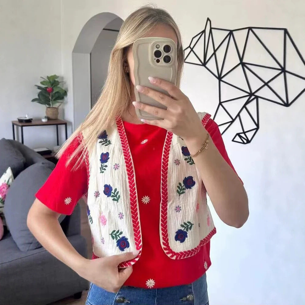 Damen Bestickte Kurz-Weste im Boho‑Chic mit floralen Applikationen Echoarchiv