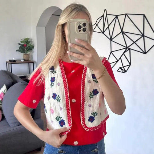 Damen Bestickte Kurz-Weste im Boho‑Chic mit floralen Applikationen Echoarchiv