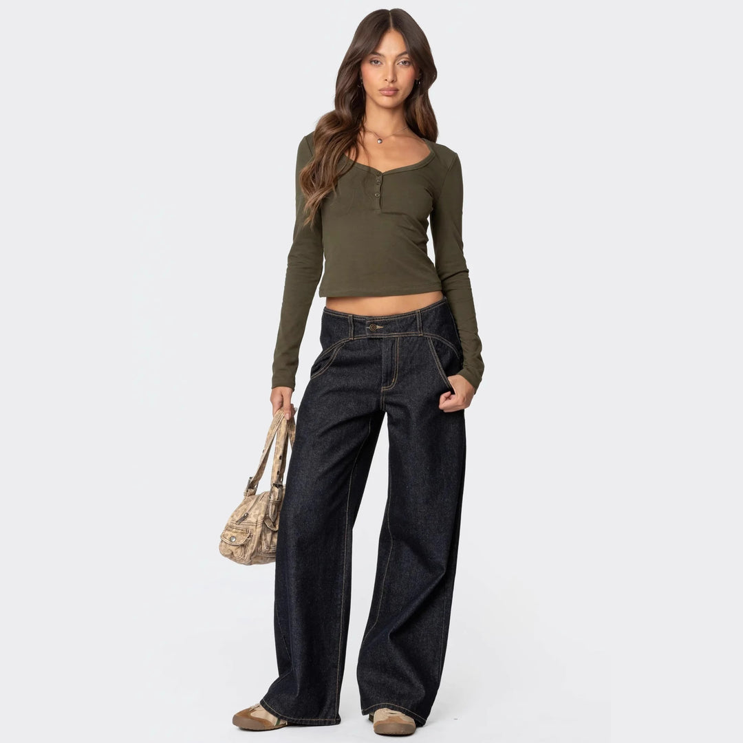 Damen Cropped Langarmhemd mit Knopfleiste und weichem Stoff Echo Archiv