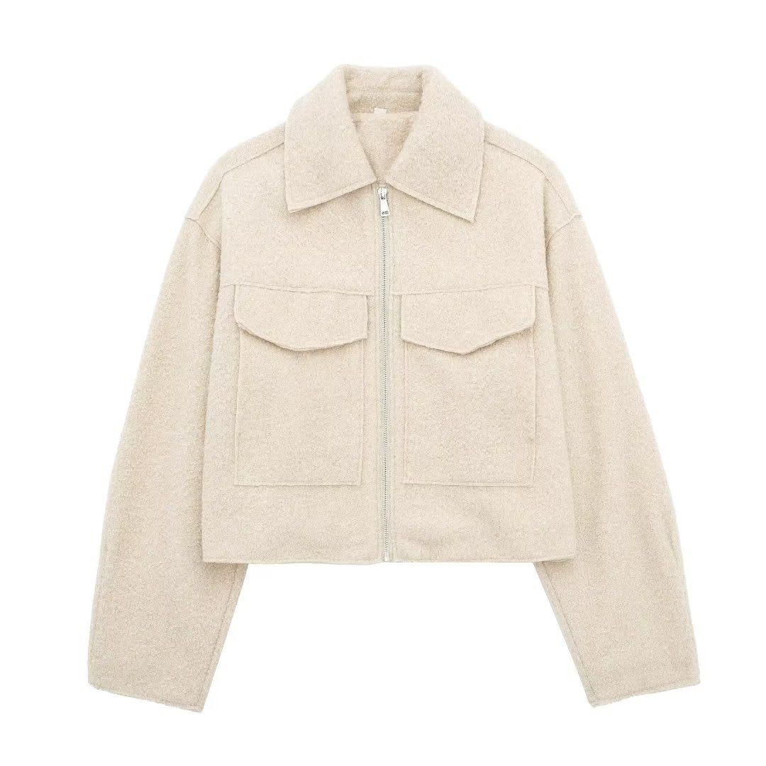 Damen Kurz geschnittene Teddyjacke mit Reißverschluss, Kragen und aufgesetzten Klappentaschen Echo Archiv