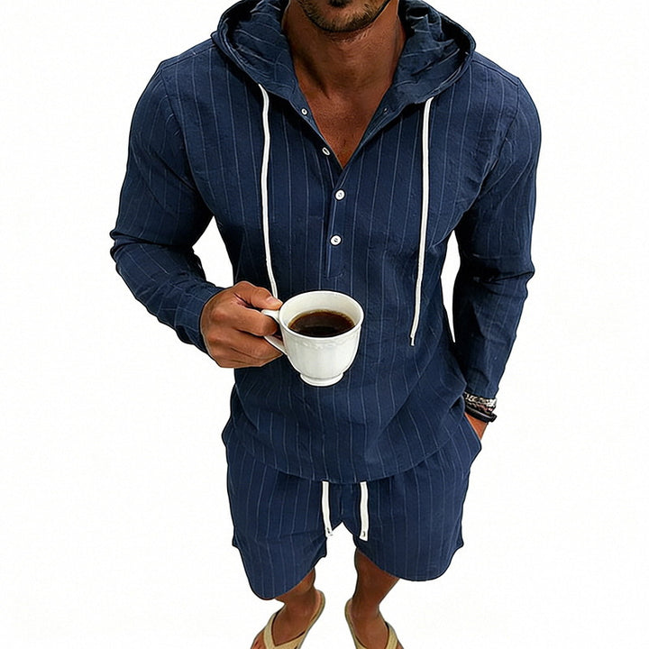 Herren nan gestreiftes Leinenoptik-Kapuzen-Henley-Set mit Tunnelzug-Shorts Echo Archiv