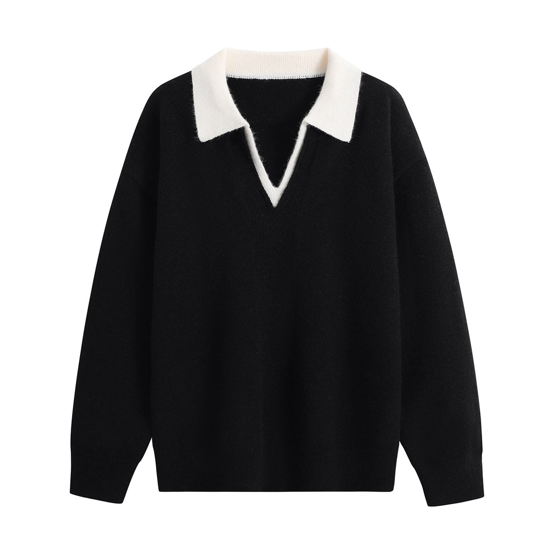Damen Oversize-Polo-Strickpullover aus weichem Wollmix mit kontrastkragen und tiefem V-Ausschnitt Echoarchiv