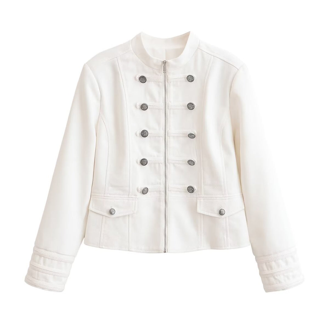 Damen Kurze Uniformjacke mit Stehkragen, Zierriegeln und Metallknopf‑Detail Echo Archiv