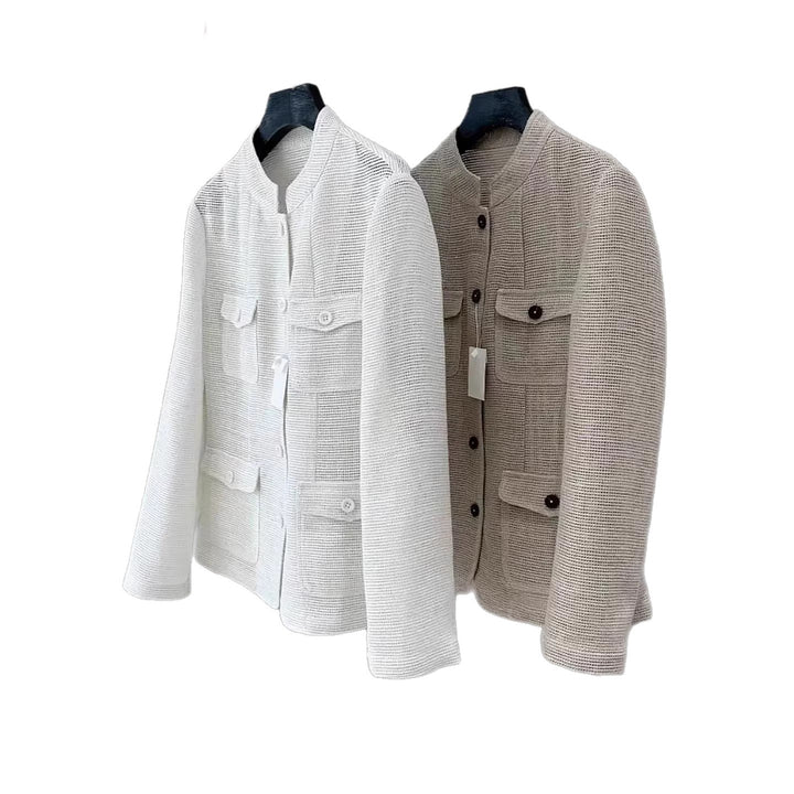 Damen Leichte Häkeloptik-Übergangsjacke mit Rundkragen und Pattentaschen Echo Archiv