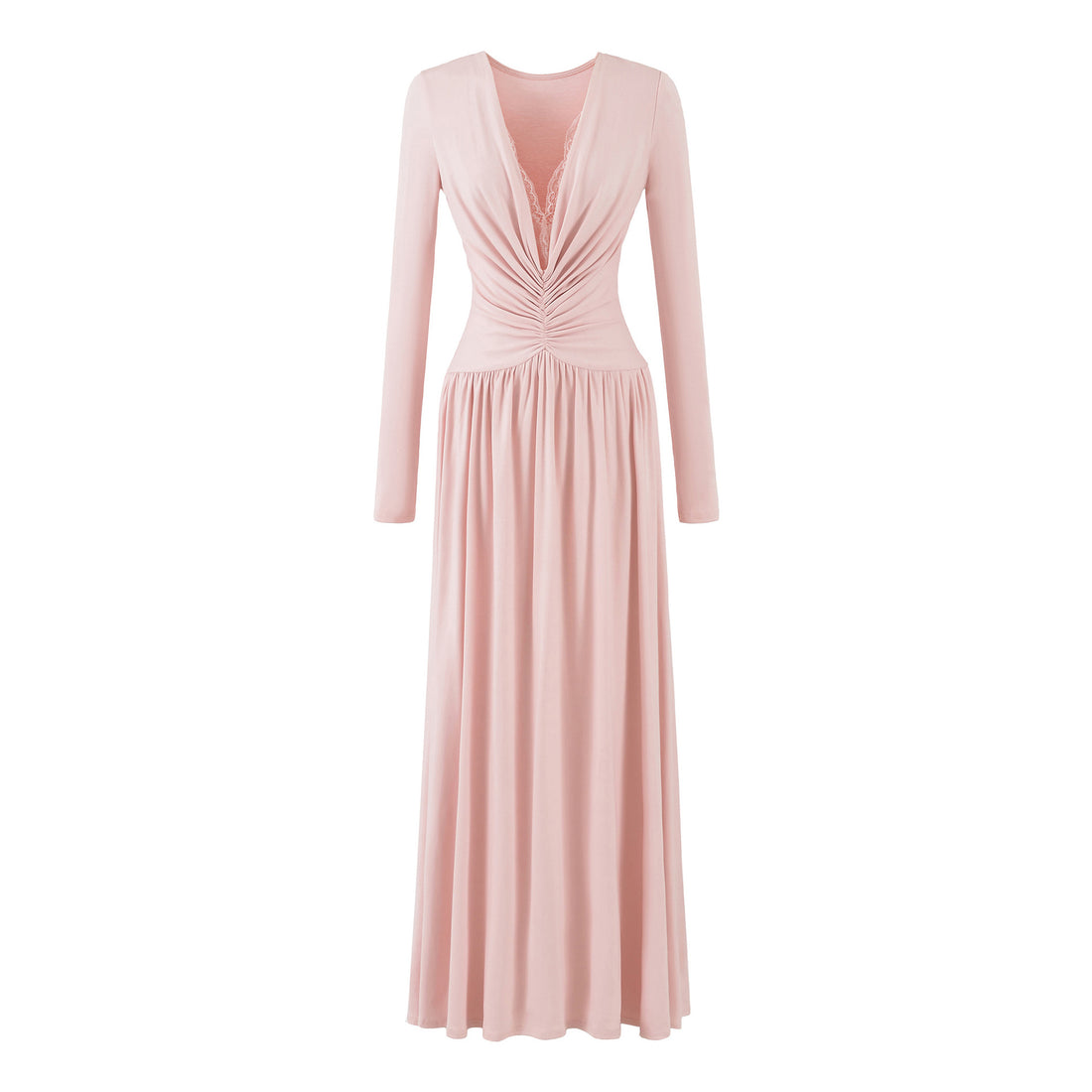 Damen Maxikleid mit gerafftem Wickeloberteil, tiefem V‑Ausschnitt und Spitzenbesatz Echoarchiv