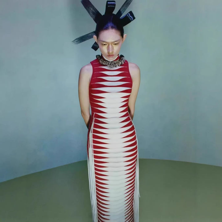 Damen körperbetontes Maxikleid mit Fransen und grafischem Design Echo Archiv