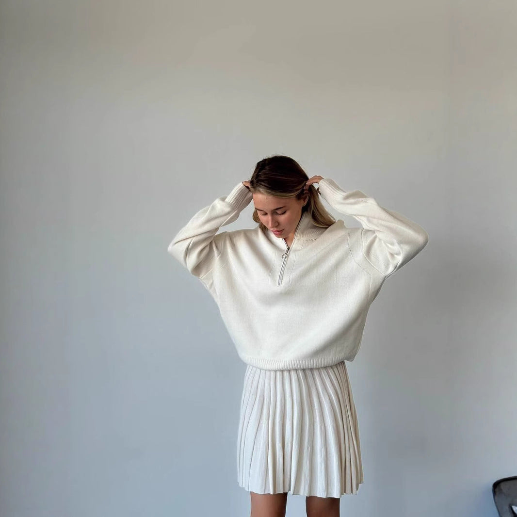 Damen gemütliches Strick-Set mit Reißverschluss-Pullover und plissiertem Rock – Élanora