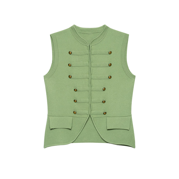 Damen Ärmellose Strickweste im Militärstil mit dekorativen Metallknöpfen und aufgesetzten Taschen Echoarchiv