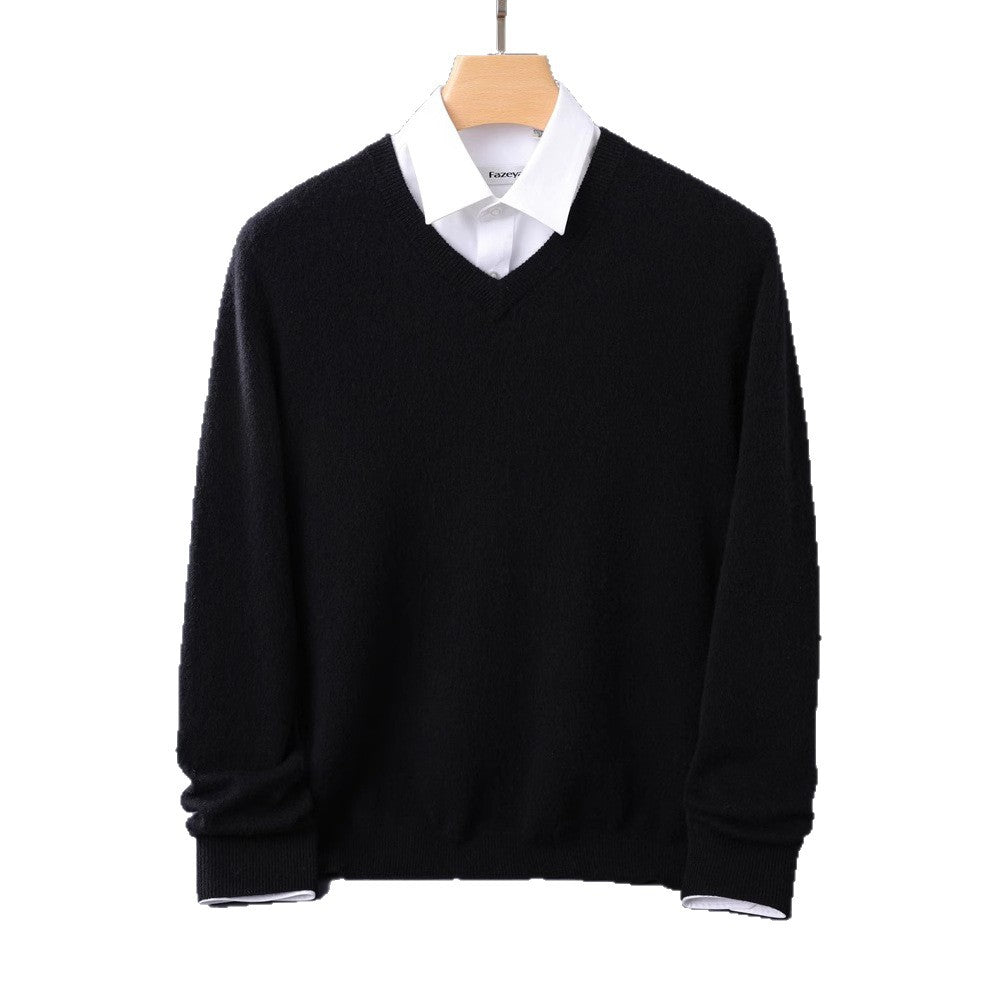 Herren Feiner V-Ausschnitt-Pullover aus Merino-Kaschmir-Mix mit gerippten Bündchen Echoarchiv